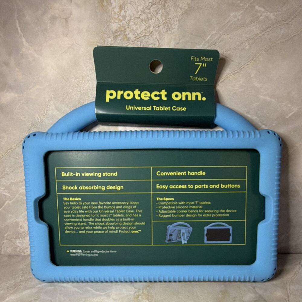 ONN Universal Tablet Case Blue Silicone 7" Built-in Stand Handle Rugged Bumper